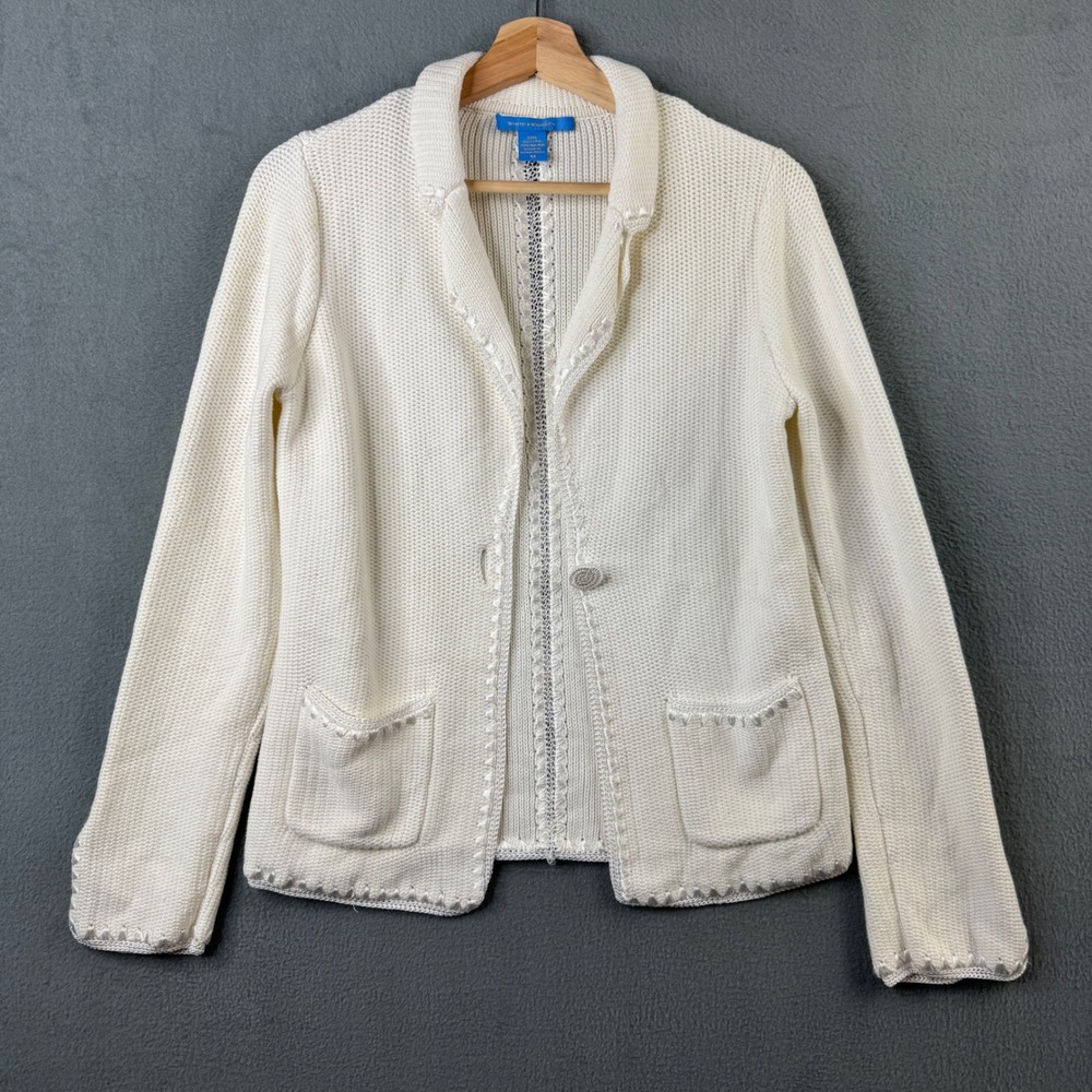 White + Warren Womens White Cotton Rayon Chunky Knit Cardigan Sweater Size M